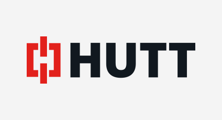 Logo displaying the word "HUTT" in bold, dark letters with a red bracket-like design on the left against a light background.