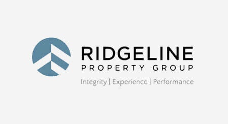 "Ridgeline Property Group logo with blue emblem, emphasizes integrity, experience, performance. Real estate focus."