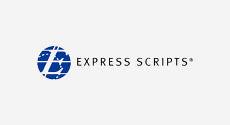 Logo of Express Scripts with blue globe design and company name in black text on a light gray background.