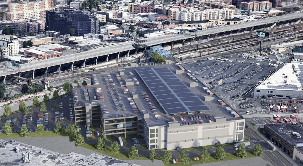 Aerial Bronx Logistics Center rendering - distribution center construction project.