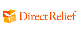 Direct Relief logo with stylized orange and yellow design, healthcare symbol, and bold text on white background.