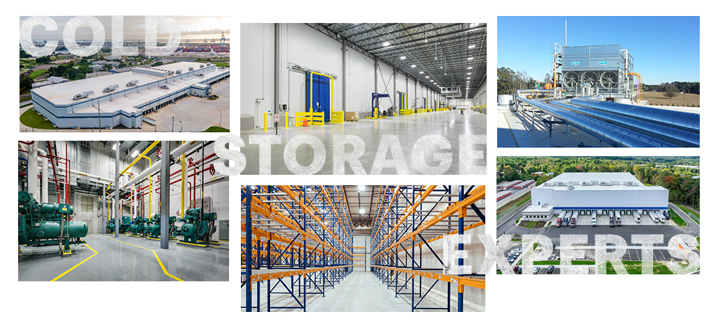 Collage of cold storage facilities and equipment, featuring warehouses and cooling systems, with text overlay: Cold Storage Experts.
