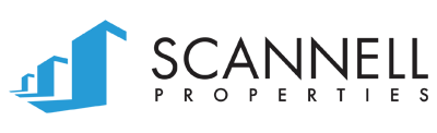 Scannell Properties logo with three ascending blue buildings, conveying growth and development.