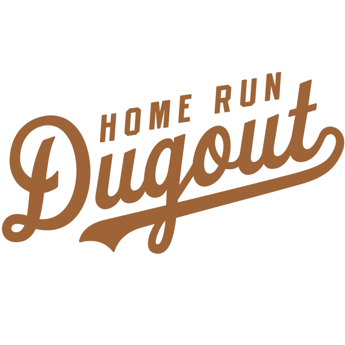 "Home Run Dugout logo in brown cursive with baseball-themed design and a sweeping underline."