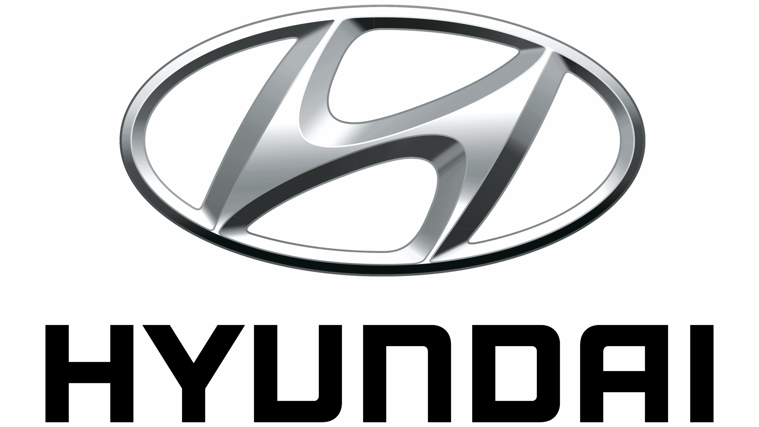 Silver Hyundai logo in 3D with chrome finish, featuring the letter 'H' enclosed in an oval on a black background.