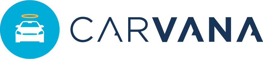 Carvana logo featuring a car with halo icon in blue circle, representing innovative online car buying and vending services.