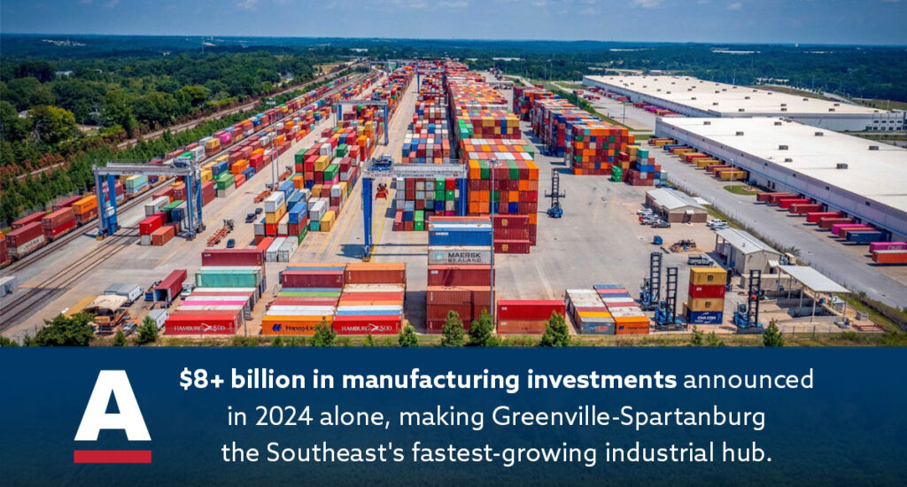Aerial view of vibrant shipping containers in Greenville-Spartanburg, highlighting $8B investment in manufacturing expansion.