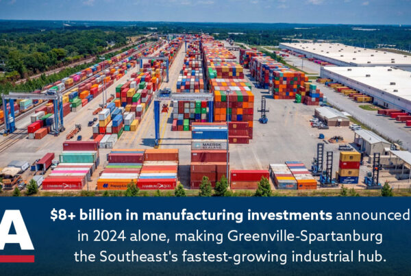 Aerial view of Greenville-Spartanburg industrial hub with shipping containers, highlighting $8B investment growth in 2024.